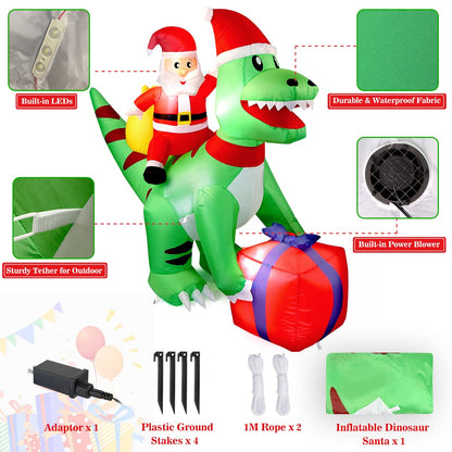 5 Ft Christmas Inflatable Dinosaur with Santa, LED Lights, Indoor Outdoor Holiday Yard Decor, Green T-Rex with Gift Box