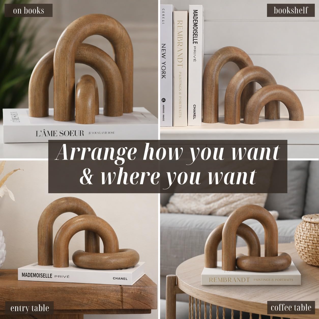 Product Elevations Wooden Arch Decor Set of 3 - Shelf Decor Aesthetic for Coffee Tables, Consoles, Bookcases, & Entryways - Scandinavian & Japandi Home Decor Accents - Wood Decorative Objects