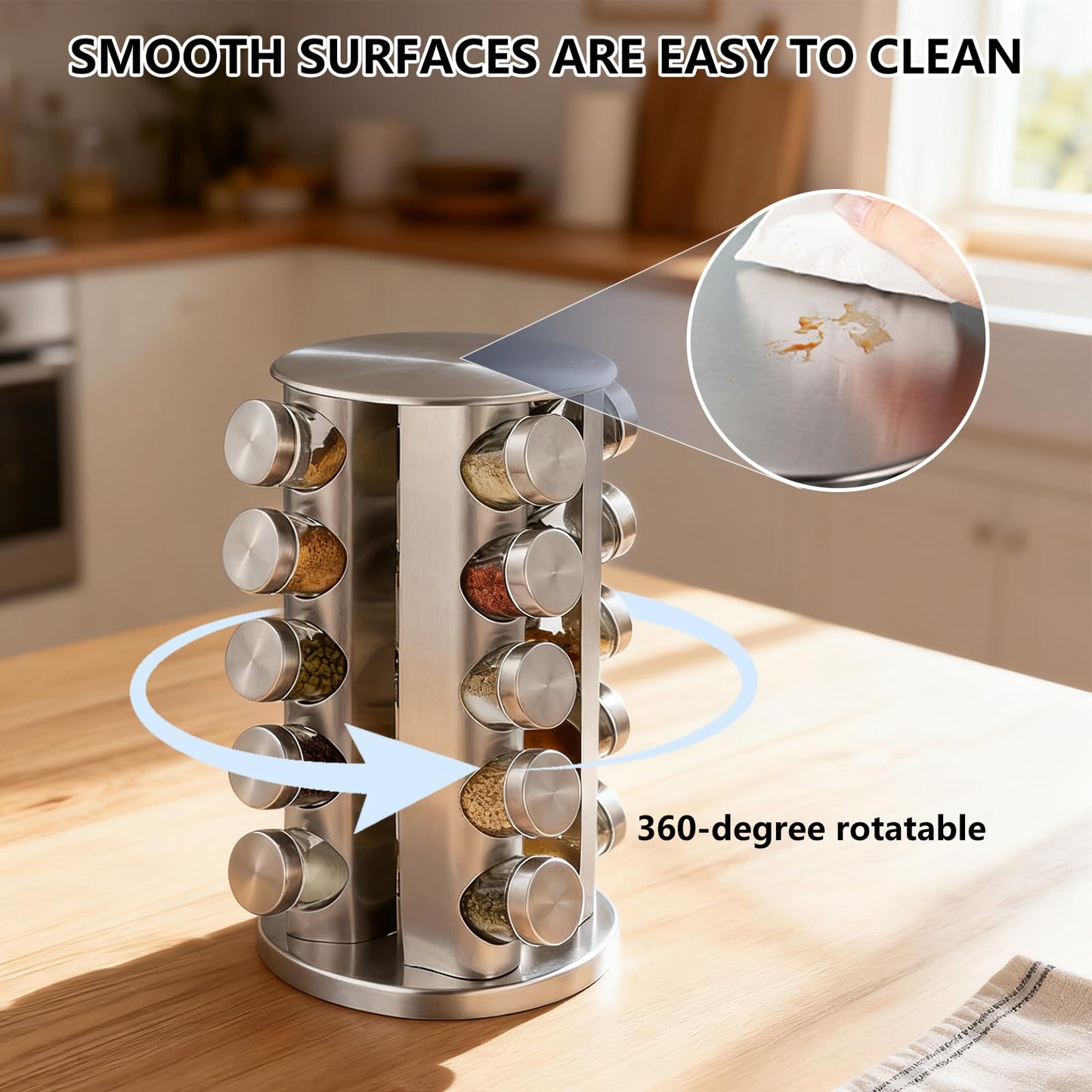 Wintline 20-Jar Revolving Spice Rack, Stainless Steel Seasoning Organizer for Cabinet or Countertop, with Black Caps
