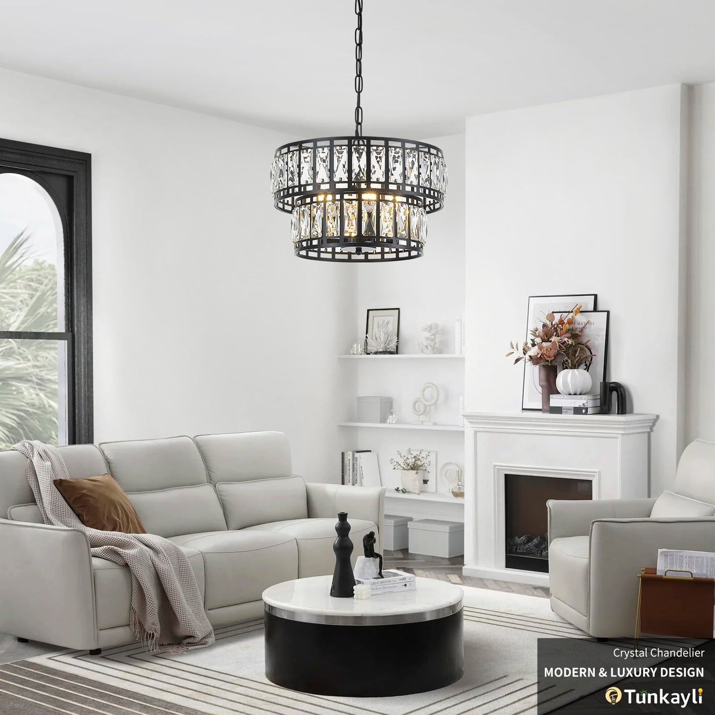 Tunkayli 15.7" Chandeliers for Dining Room, Modern Black K9 Luxury Crystal Chandelier, 4-Light 2-Tier Drum Farmhouse Lighting Fixture for Kitchen Island Living Room Entryway Bedroom Foyer