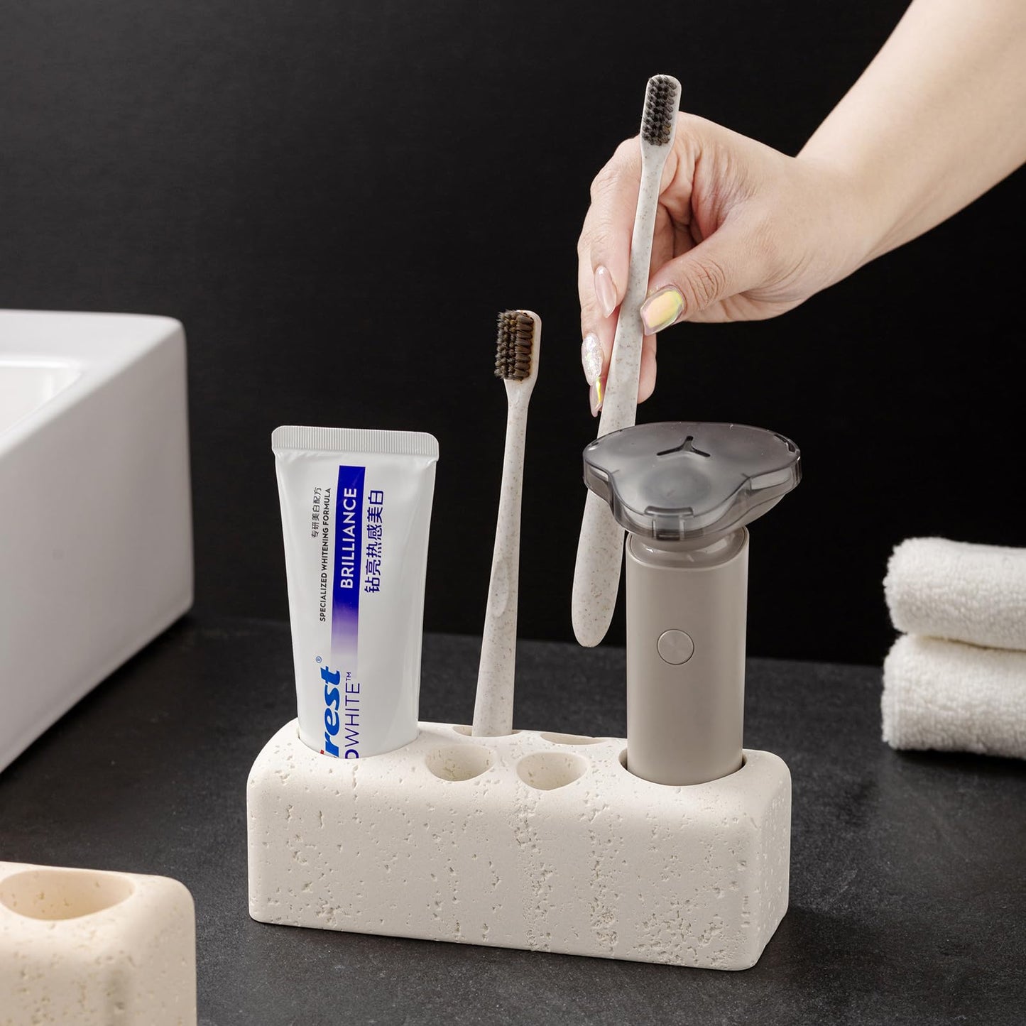 Haocoott Toothbrush Holder with 6 Slots, Bathroom Electric Toothbrush and Toothpaste Holder Set, Bathroom Organizer for Countertop, Shower, Vanity, Travertine Stone Look, Off-White