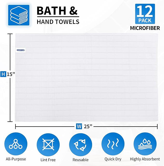 HOMERHYME Hand Towels, 12 Pack 25''*15'' White Microfiber Kitchen Bathroom Hand