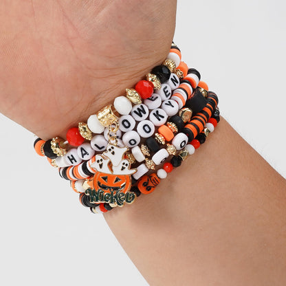 Twinfree 4 Sets Halloween Stretch Bracelets for Women, Pumpkin Ghost Cat Bat Design Beaded Bracelet
