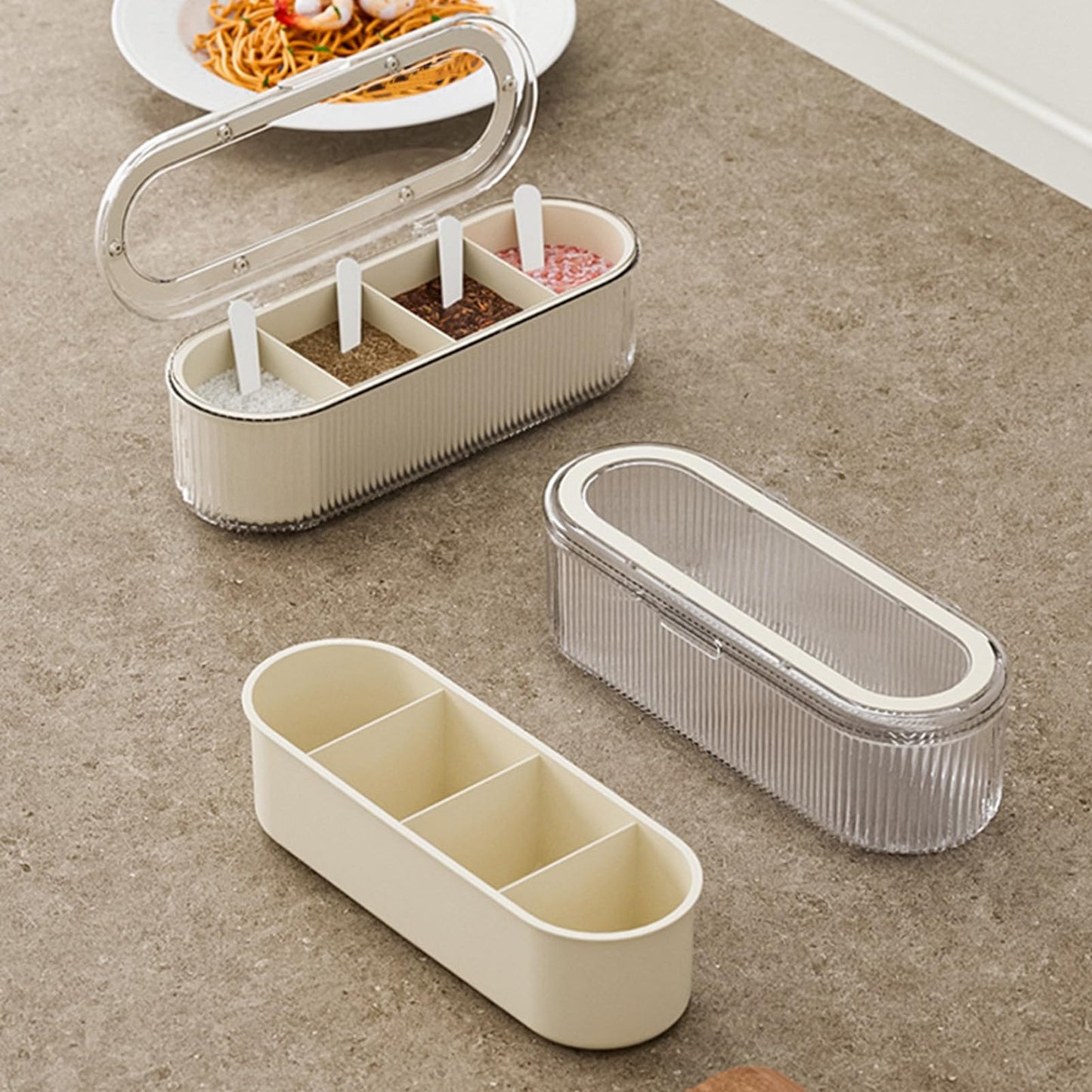 Buachois 4 Dividers Condiment Pot with 4 Spoons, PP and PET Container Condiment Box with Lid for Store Salt Cinnamon Cumin Parsley Flakes