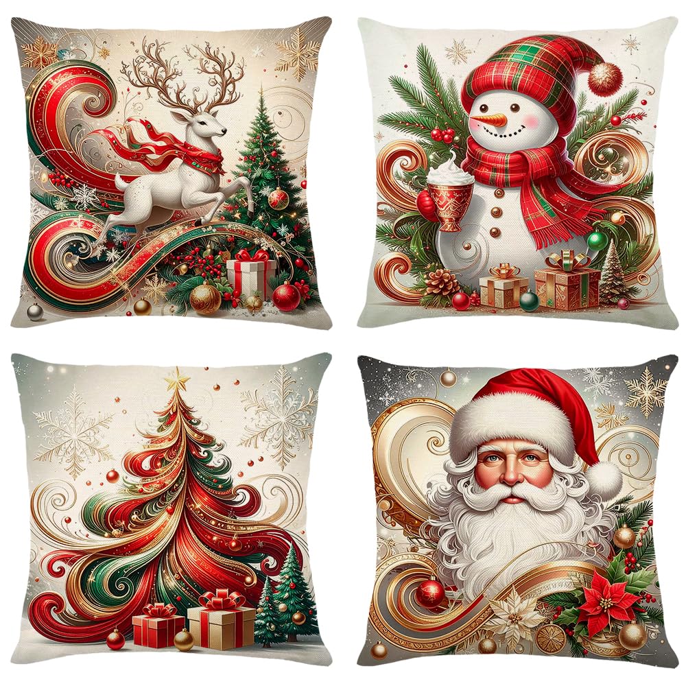Harraca Christmas Throw Pillow Covers 18x18 Set of 4 Winter Holiday Decorative Pillowcase Reindeer Snowman Christmas Tree Santa Farmhouse Home Decor for Sofa Couch Cushion