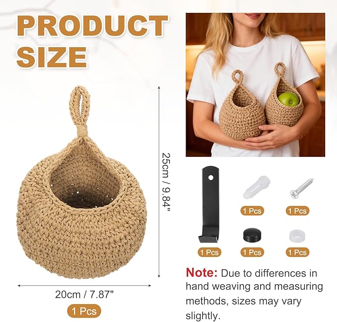 uxcell Hanging Fruit Baskets for Kitchen, Hand-Woven Wall Hanging Storage Jute