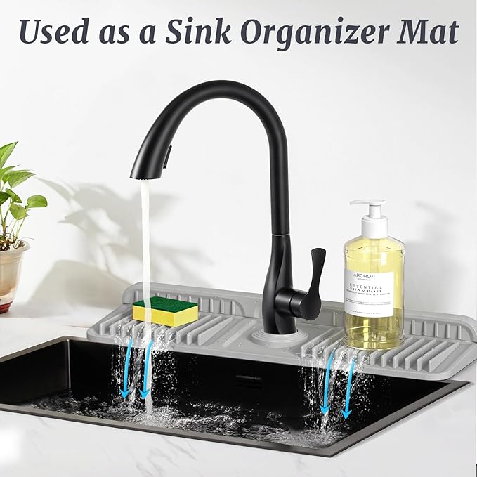 PoYang 17.7 inch Faucet Mat for Kitchen Sink Splash Guard, 7° Slope Silicone