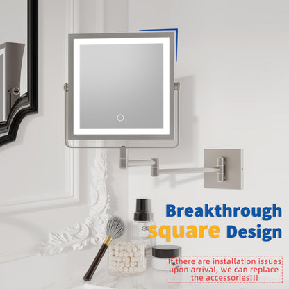 Ruacq Rechargeable Wall Mounted Makeup Mirror with Lights, Double Sided 1X/10X Magnifying Vanity Mirror with 3 Color Lighting, Touch Screen Dimmable, 360° Rotation Extension Foldable Arm(Matte Black)