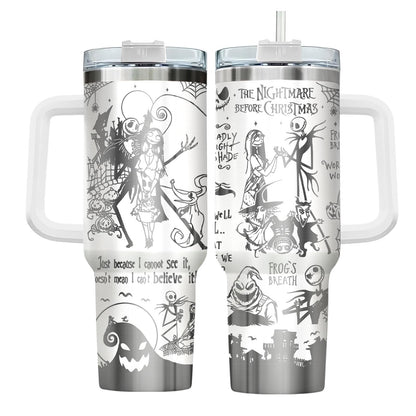 GEPOSTORE Spooky Christmas Tumbler – 40 oz Laser Stainless Steel Mug with Handle – Nightmare Halloween Movie Cup Gift for Fans of Dark Romance, Birthdays & Holidays