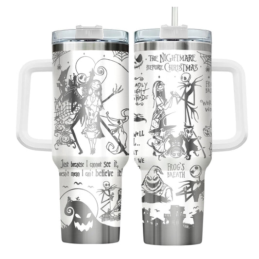 GEPOSTORE Spooky Christmas Tumbler – 40 oz Laser Stainless Steel Mug with Handle – Nightmare Halloween Movie Cup Gift for Fans of Dark Romance, Birthdays & Holidays