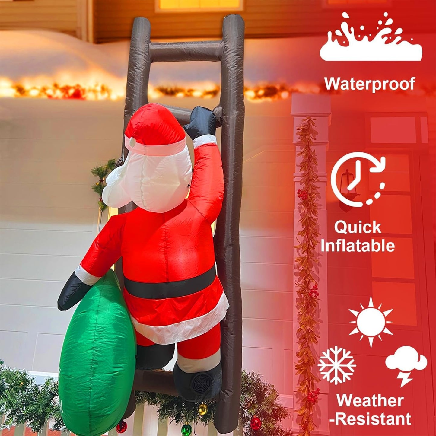 6 FT Hanging Christmas Inflatables Black Santa Claus with Gift Bag Climbing on Ladder, Blow Up African American Christmas Decorations Outdoor Build-in LED Lights for Garden Decor Xmas Holiday Party
