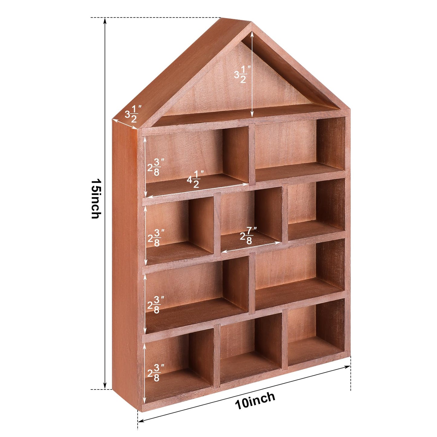 Threehoney House Shaped Wooden Shadow Cubby Box 10 W x 2 1/4 D x 15 H Hanging Display Shelf Organizer Wall Mounted Curio Cabinet Wooden Display Case Miniature Shelf for Figures (Brown)