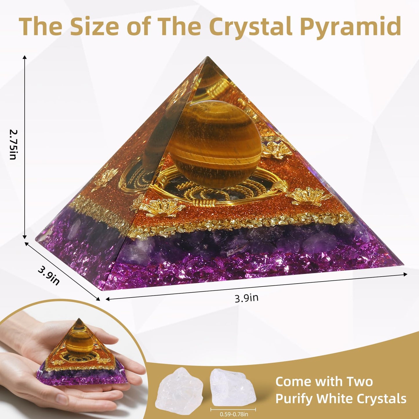 Hopeseed Orgone Crystal Pyramid Orgonite Amethyst&Tiger's Eye Stones Healing Crystals Pyramid for Positive Energ Reduce Stress Chakra Meditation Attracts Lucky and Success Spiritual Gifts