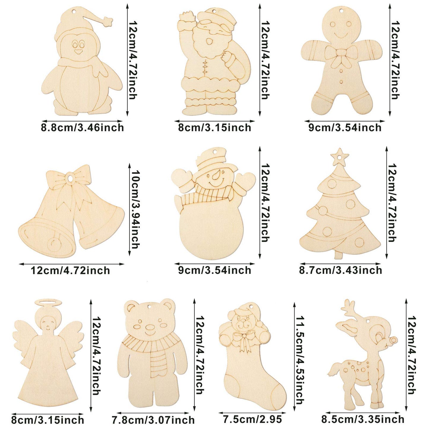 WILLBOND 60 Pieces DIY Unfinished Wooden Christmas Ornaments Wood Paintable Christmas Ornaments to Paint Holiday Hanging Ceramic Decorations with Rope for Embellishments Crafts Centerpieces