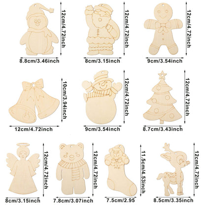 WILLBOND 60 Pieces DIY Unfinished Wooden Christmas Ornaments Wood Paintable Christmas Ornaments to Paint Holiday Hanging Ceramic Decorations with Rope for Embellishments Crafts Centerpieces
