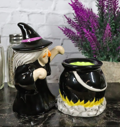 Ebros Gift 'Double Double Toil And Trouble Fire Burn And Cauldron Bubble' Black Potion Magic Witch And Large Cauldron On Fire Hearth Salt Pepper Shakers Set Ceramic Figurines