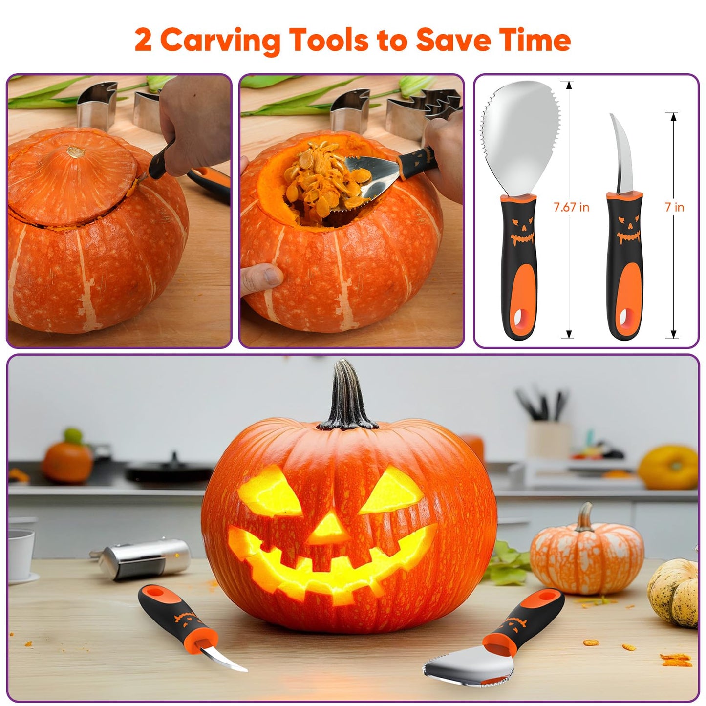 NFEVER Pumpkin Carving Kit Tools: 30PCS Pumpkin Carving Tools Set includes 22 Stainless Steel Stencils & Hammer & Spoon & Carve Knife & Candles - 2025 Halloween Gifts for Kids Safe DIY Decorating Kit