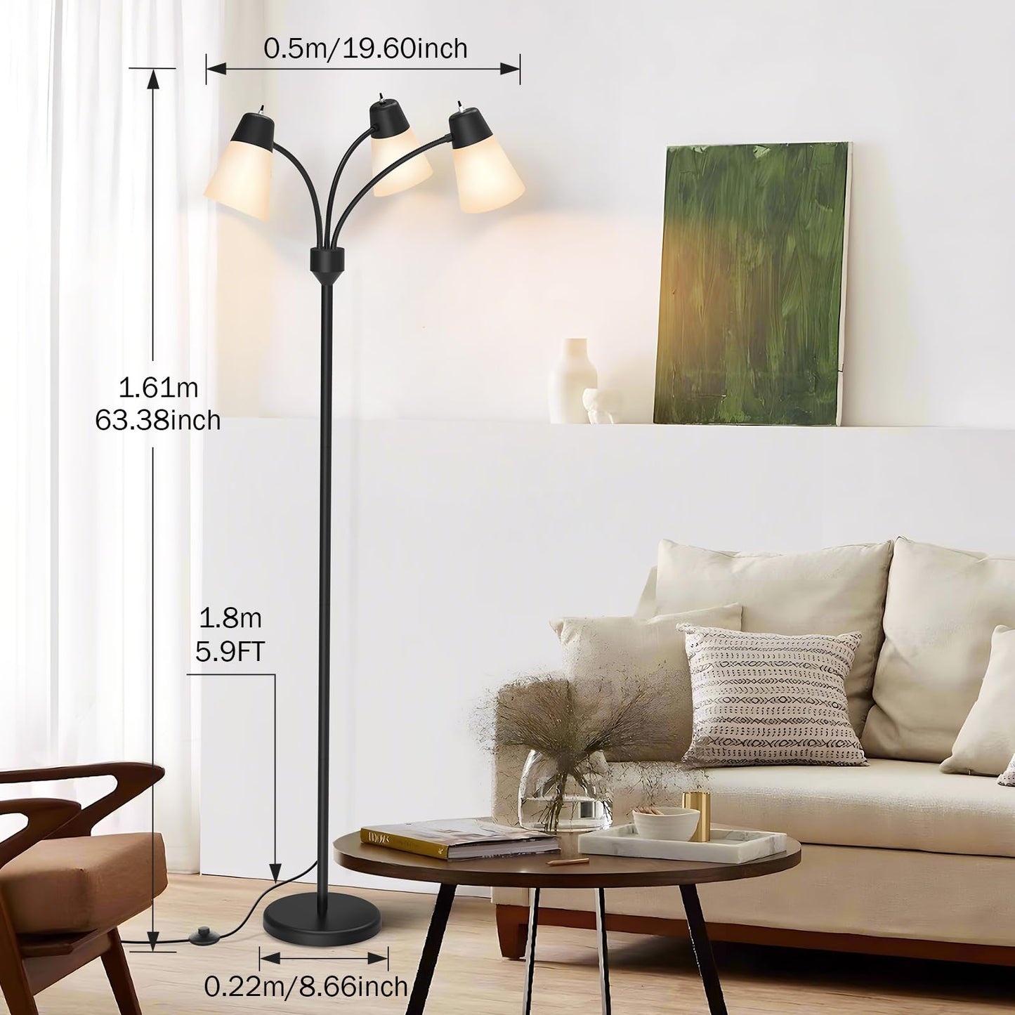 FOLKSMATE 3-Light Floor Lamp, LED Medusa Muiti-Head Adjustable Arc Standing Lamp, Tree Tall Light for Living Room, Kid Room, Bedroom, Black
