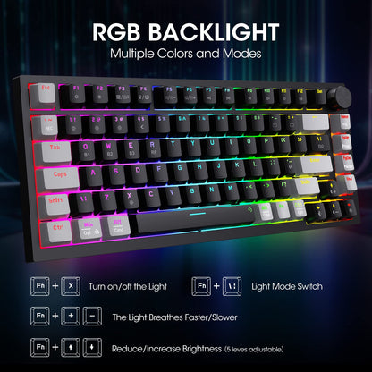 KOORUI Gaming Keyboards, 26 RGB Backlit Mechanical Keyboard Wireless/Wired Compatible Bluetooth 82 Keys Rechargeable 4000mAh Battery UK Layout Gamer Keyboards for Windows MacOS Linux (Brown Switch)