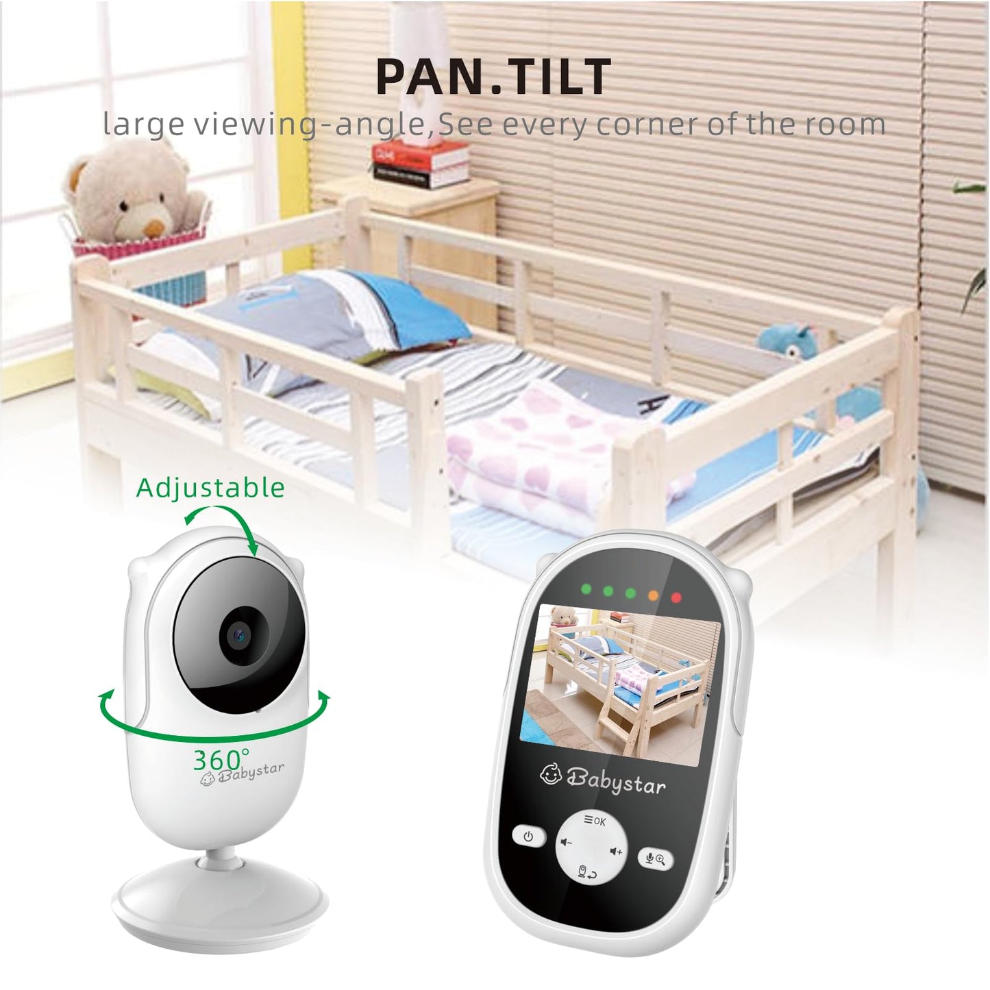 Babystar Baby Monitor with Camera and Night Vision,Wireless Video Baby Monitor with Rechargeable Battery,Two-Way Talk,2.4inch HD Screen,Feeding Reminder,4 Lullabies