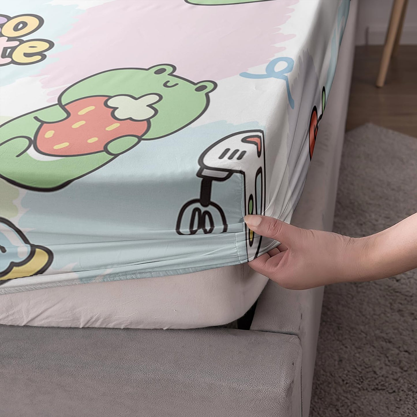 AILONEN Kawaii Bedding Cute Frog Fitted Sheet Set, Twin Size Sheets for Kids Girls,Cartoon Frog and Strawberry Bed Sheet Set,Amphibian Animal Print Sheets 3 Pieces, 1 Fitted Sheet and 2 Pillowcases