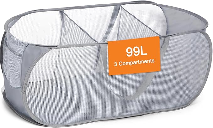 Durable Collapsible Foldable Pop Up Laundry Hamper, Sturdy 3 Compartments