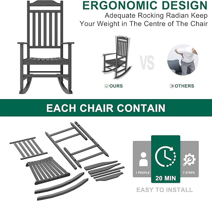 Patio Rocking Chair Outdoor Set of 4,Weather Resistant Poly Resin Oversized Porch Rocker,High Back Smooth Design,350lb Weight Capacity,Indoor Outdoor Use(4, Black)