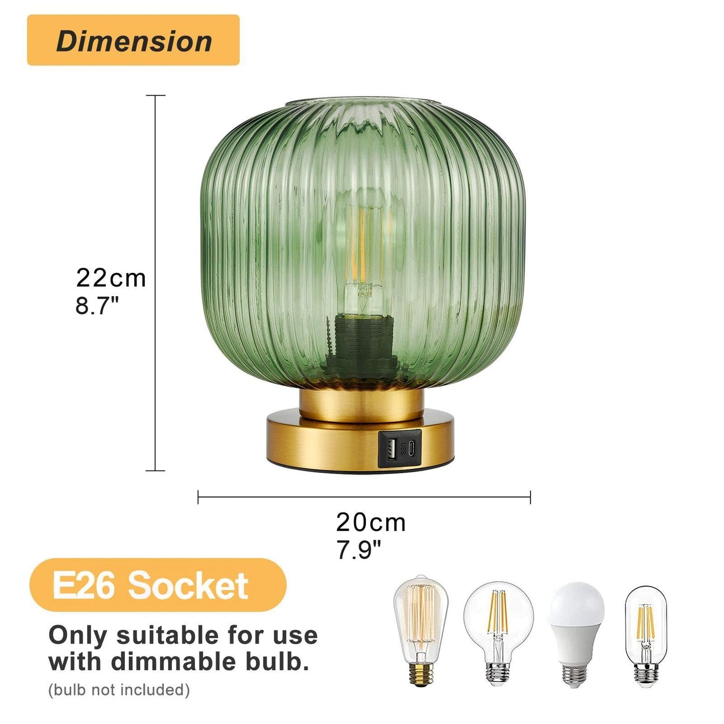Touch Table Lamp with USB C+A Charging Ports, 3-Way Dimmable Bedside Lamp for Bedroom, Green Glass Shade & Brass Base, Plug-in E26 Desk Lamp for Nightstand Living Room Home Office Home Décor