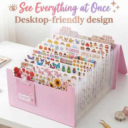 Sticker Storage Organizer with 13 Expandable Pockets, Multi-Layer Desktop Sticker Binder for Scrapbook Essentials and Journal Organizer, Large Capacity for Thick Sticker Album, Washi Tape(Blue)