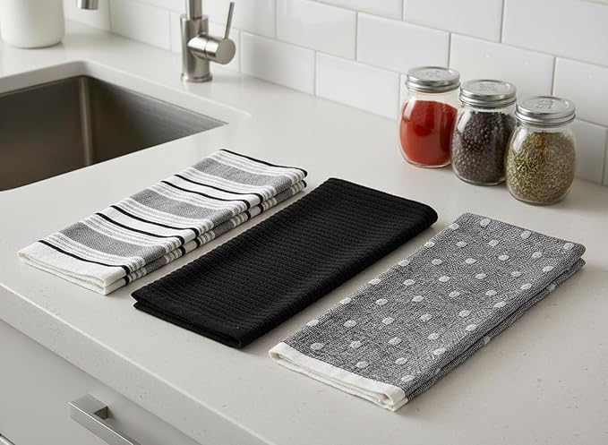 Black White Kitchen Hand Dish Towels: Oversized 28" x 16", 100% Cotton Cloth