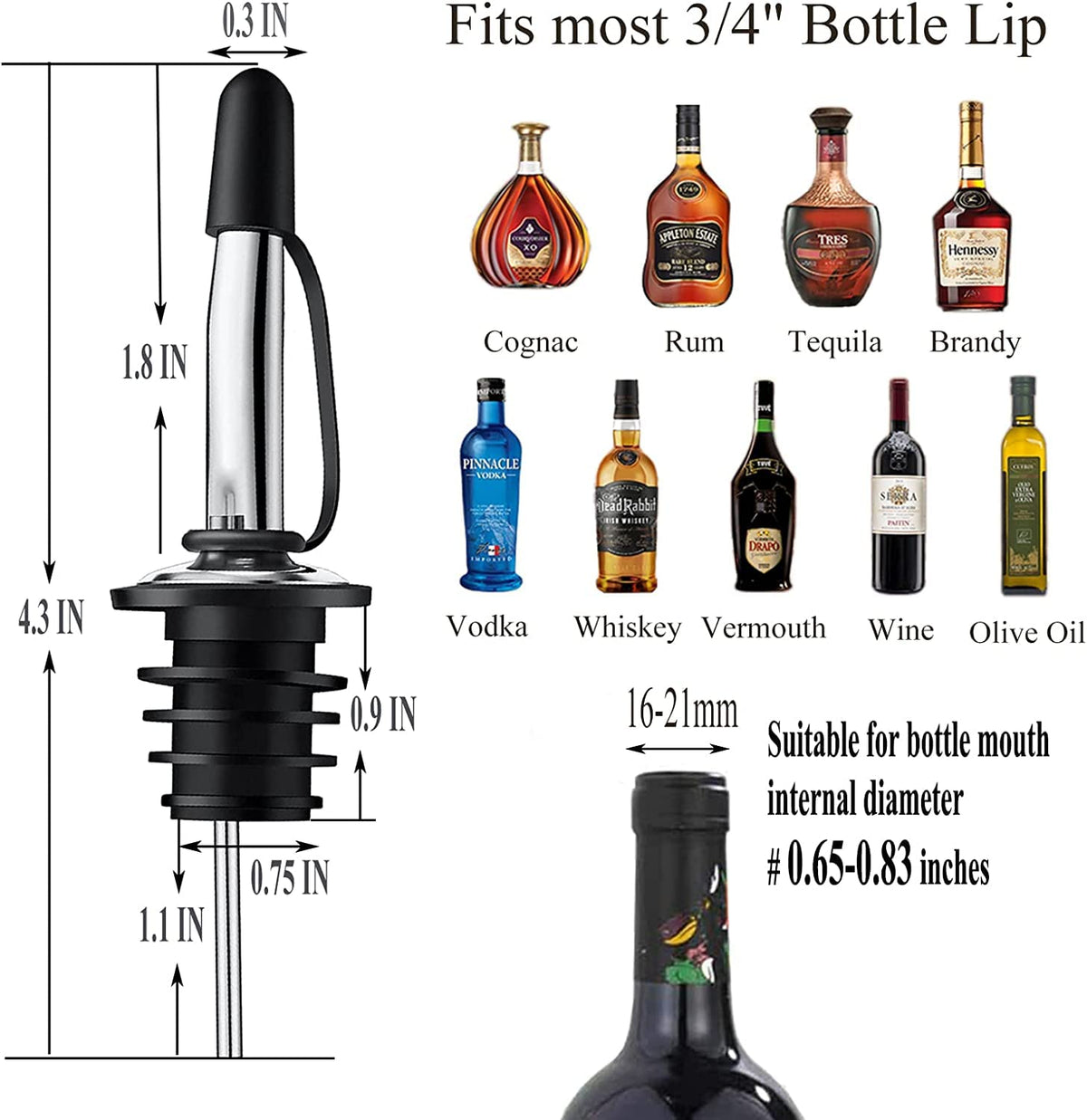 Pafusen 6 Pack Liquor Bottle Pourers, Liquor Pour Spout for Liquor Bottles, Stainless Steel Olive oil Dispenser Spout, Alcohol Pourer Spouts Dust Caps Covers Fixed, Sliver