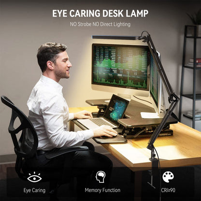 SKYLEO Desk Lamp - 80cm Desk Light - 5 Color Modes X 11 Brightness Levels - Adjustable Swing Arm - Timmer & Memory Function - 12W Study Lamp - Black