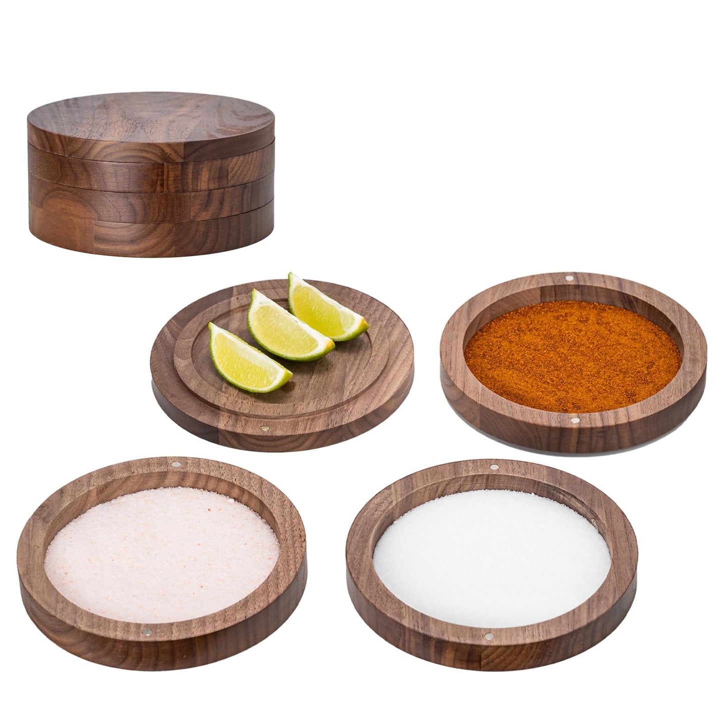 USEEKRIL 1 Pack 3-Tier Walnut Wooden Margarita Salt Rimmer Set,Salt&Sugar Rimmer for Cocktails Drinks,Cocktail Glass Rimmer Tools with Magnetic Swivel Lid for Bartenders,Home Bar,Parties