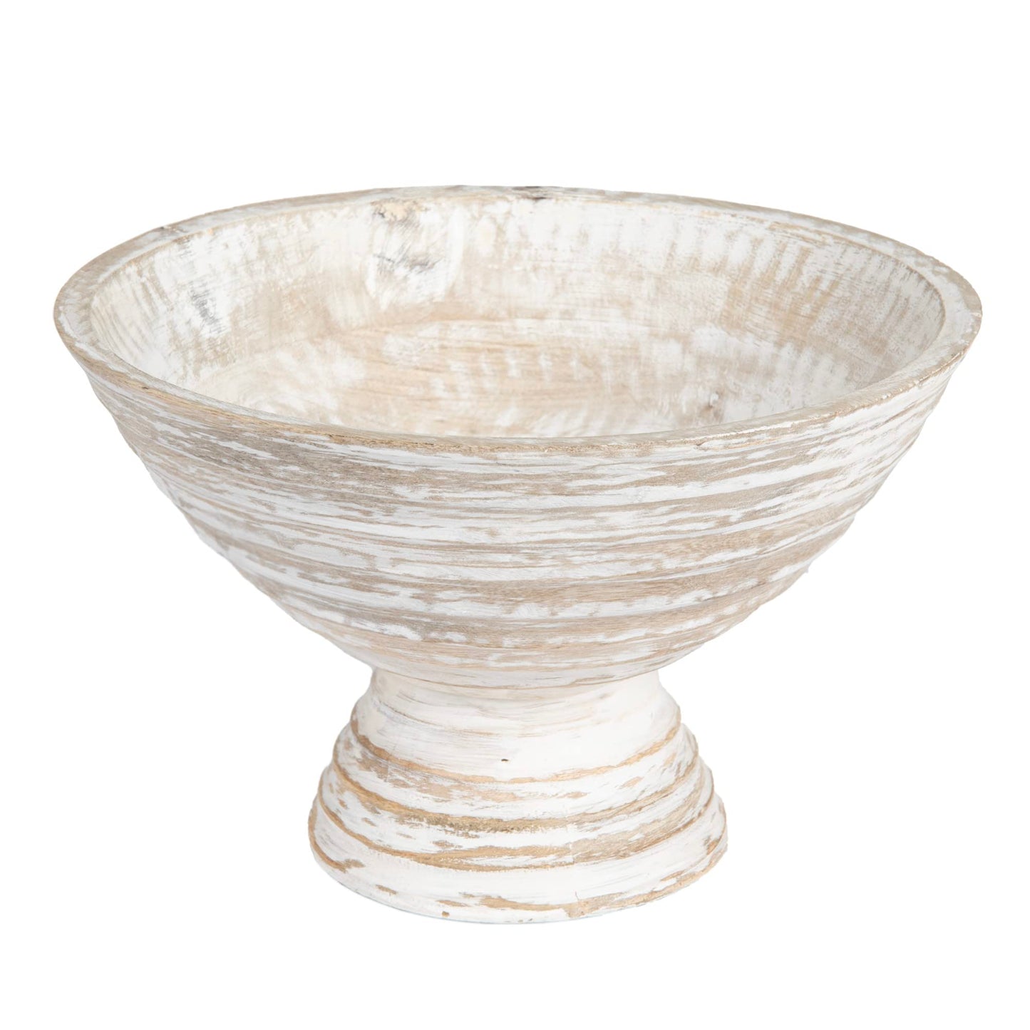 Creative Co-Op Boho Wood Pedestal Serving Bowl, White Wash Finish