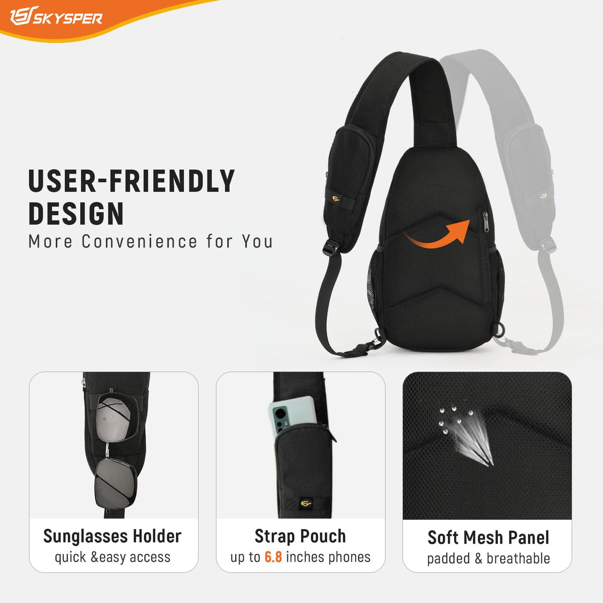 SKYSPER Sling Bag RFID Cross Body Bag Recycled Crossbody Backpack Travel Daypack(Black)
