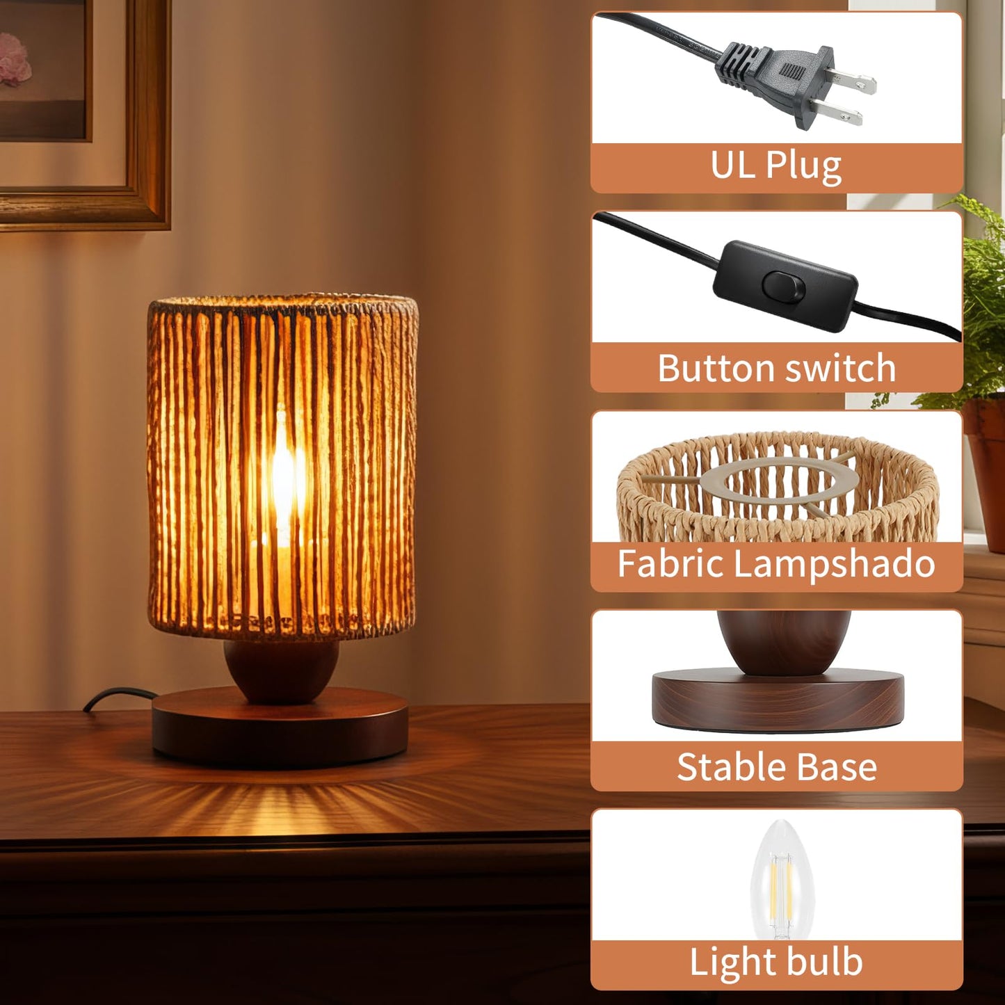 Handmade Rattan Lamp Boho Table Lamp for Bedroom, Small Woven Lamps for Night Stands with Warm White LED Bulb, Coastal Boho Lamp for Living Room Reading Nook Office Desk, 12cm Shade 20cm Height