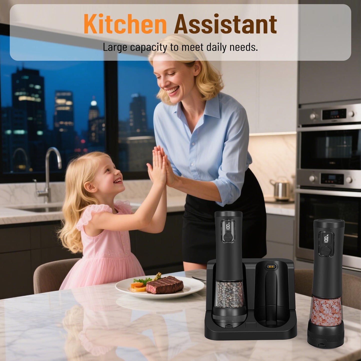 Veiliss Electric Salt and Pepper Grinder Set, Battery Display Rechargeable Base, External 5 Adjustable Coarseness, Stainless Steel Frosted Finish Automatic Mill with LED Light