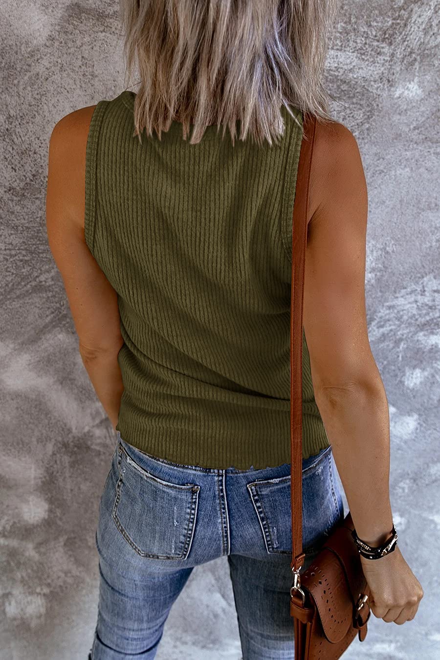Saodimallsu Womens Ribbed Tank Tops Loose Fit V Neck Sleeveless Henley Shirts Casual Button Up Cami Knit Tees Army Green