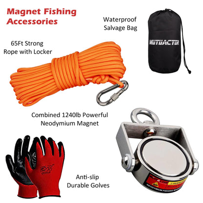 MUTUACTOR Fishing Magnet Kit,Combined 1240lb Strong Rotatable Magnet Fishing Heavy Duty,Permanent Neodymium Rare Earth Magnets with 65Ft Salvage Rope,Anti-Slip Gloves for Retrieving Treasures