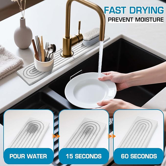 Faucet Mat for Kitchen Sink, Diatomite Quick Drying Tray, Long 23.6'' Kitchen