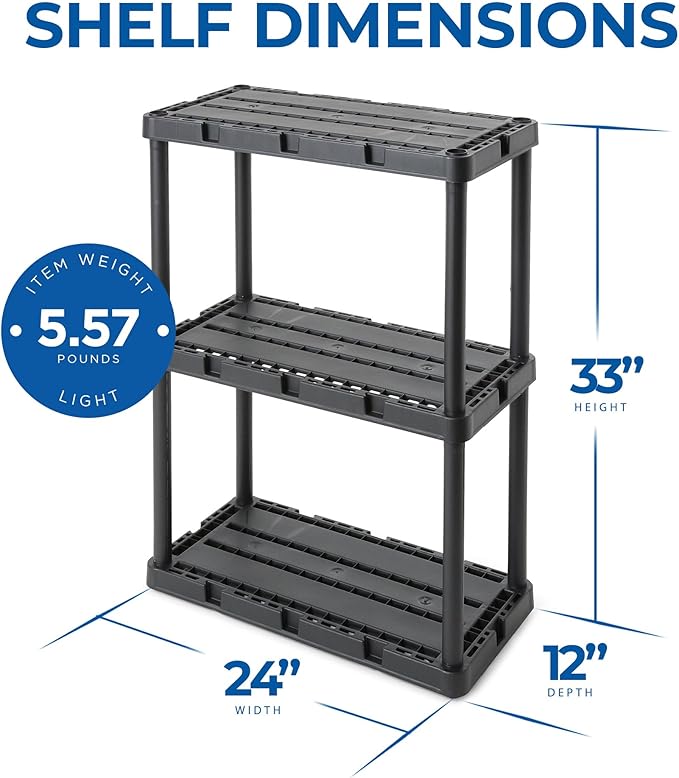 Gracious Living 4 Pack Light Duty Storage Shelves, Knect-A-Shelf 3-Shelf Ventilated Shelving Rack Organizer for Home, Garage, Basement, Laundry, Black