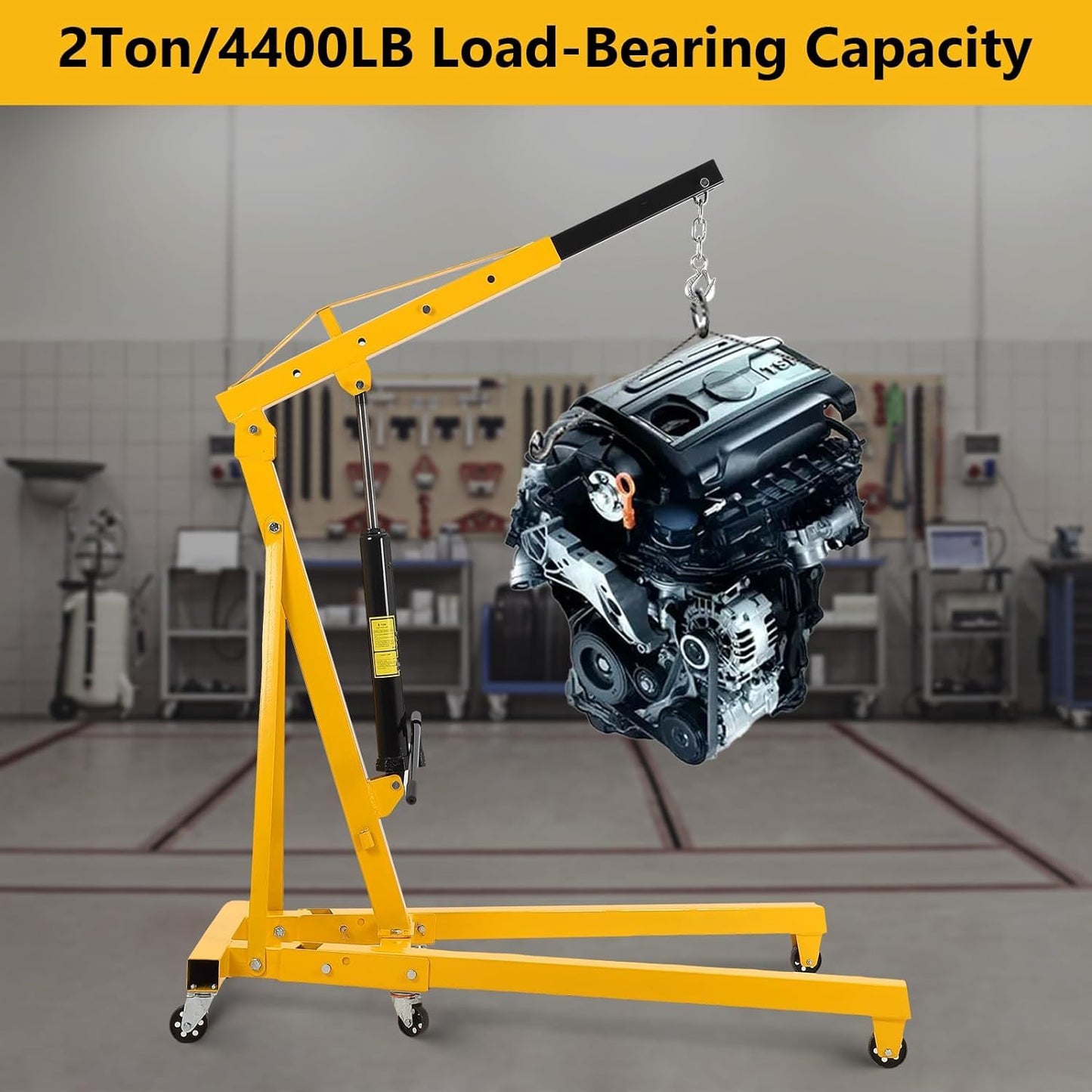 2 Ton Hydraulic Engine Hoist with Lever, 4400 LB Foldable Mobile Cherry Picker with 6 Casters & Adjustable Telescopic Booms, Heavy Duty Engine Crane for Garage, Workshops, Auto Repair, Yellow