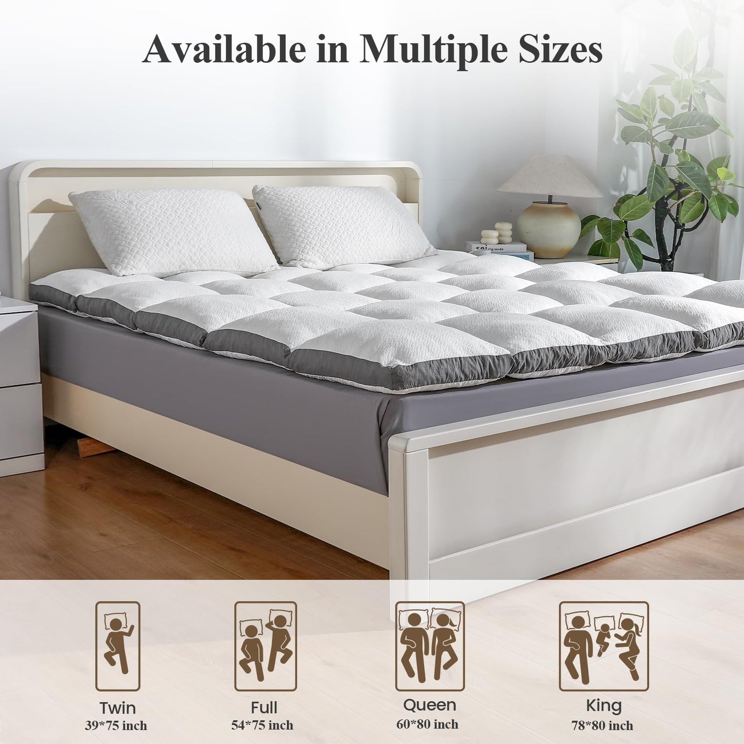 Rainmr Memory Foam Mattress Topper Twin - 2000GSM Pillow Top Mattress Topper Twin Size, Extra Thick Soft Bed Topper for Dorm & Back Pain Relief, White, Oeko-TEX Certified