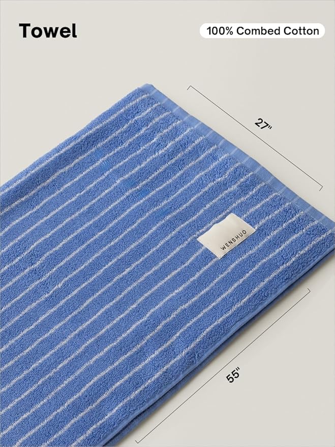 WENSHUO Azure Holiday-Striped Pure Cotton Bath Towel, 100% Combed Cotton