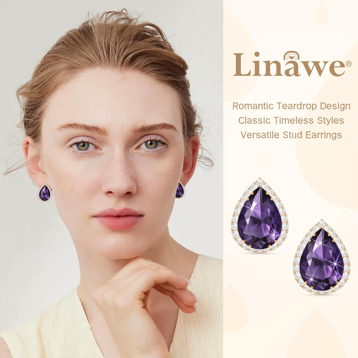 Linawe Purple Earrings Studs, Imitation Diamond Stud Earrings for Women, Cubic Zirconia Teardrop Rhinestone Crystal Piercing Jewelry Rose Gold, Wedding Brial Bridesmaid Costume Earring Set