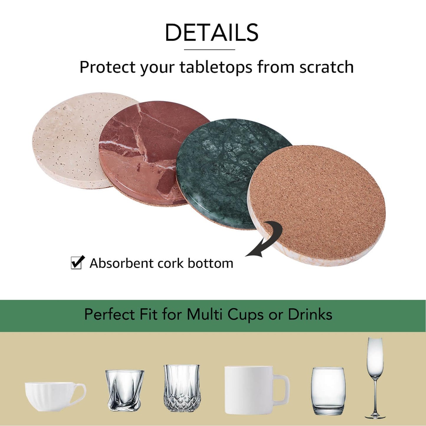 JIMEI Natural Travertine Marble Coaster Set of 4-4 Inch Round Handmade Stone Drink Coasters, Absorbent & Non-Slip Cork Backing