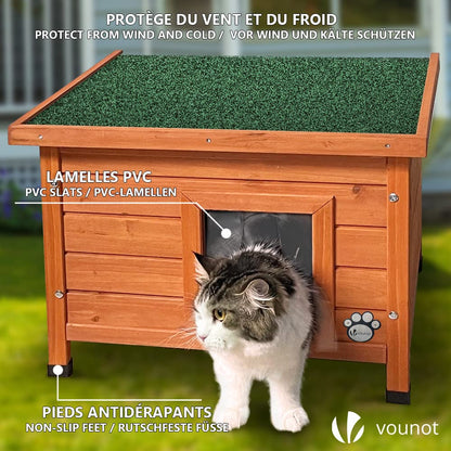 VOUNOT Cat House Outdoor with Kennel Door Privacy Window Cat Wooden Shelter 57x45x43cm
