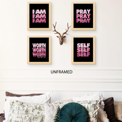HUYAW Pink Woman Girl Inspirational Quotes Pray Worth Wall Art Prints Set of 4, Motivational Posters Gifts for Women Teen Girls Room Home Bedroom Office College Dorm Decor (Unframed), 8 x 10 In