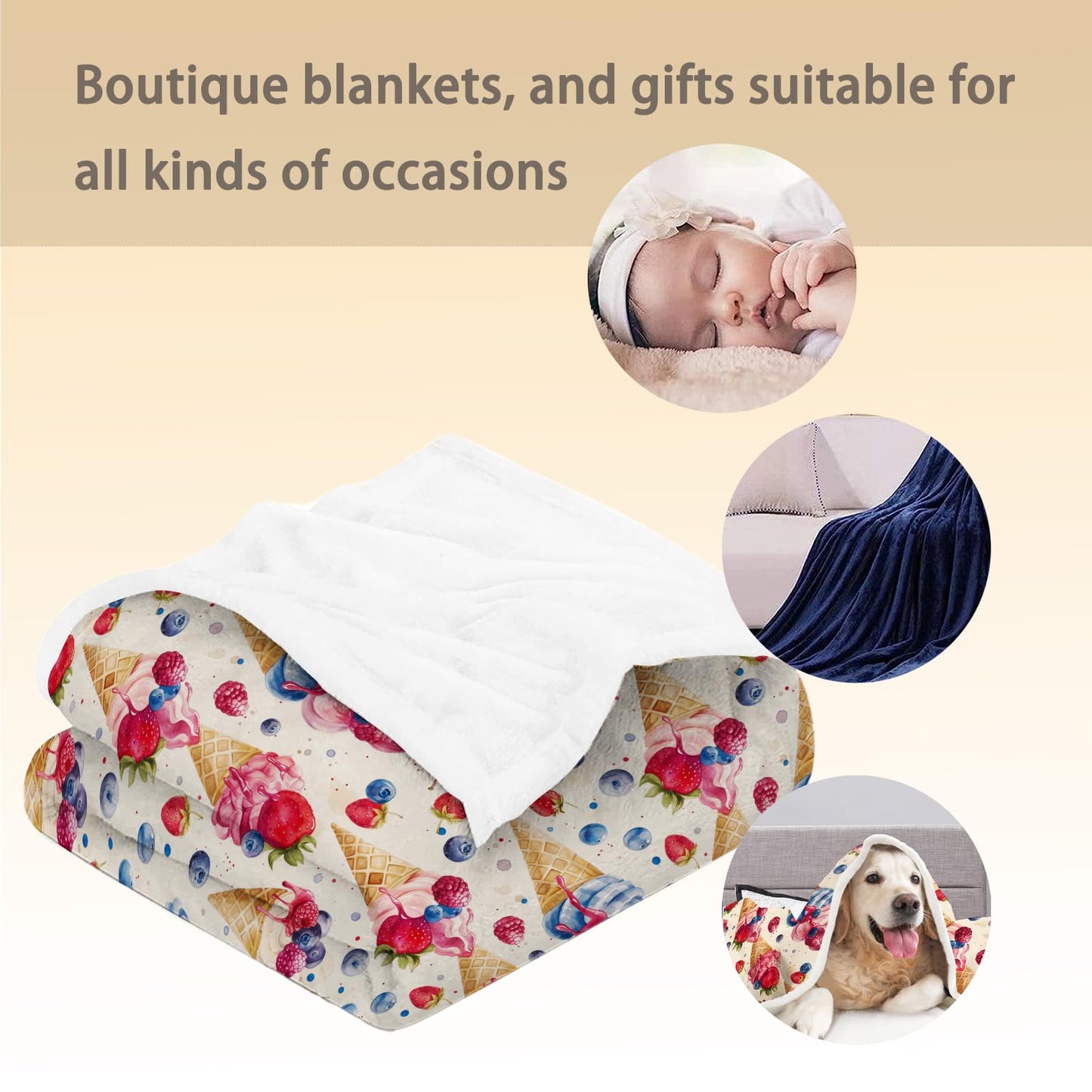 Ti Caldi Ice Cream & Fruit Blanket, Soft Warm Lightweight Flannel Throw Blanket for Couch, Bed, Travel & Outdoor, Cozy Fluffy Fuzzy Blankets for Women Men, Home Decor 60×50 in