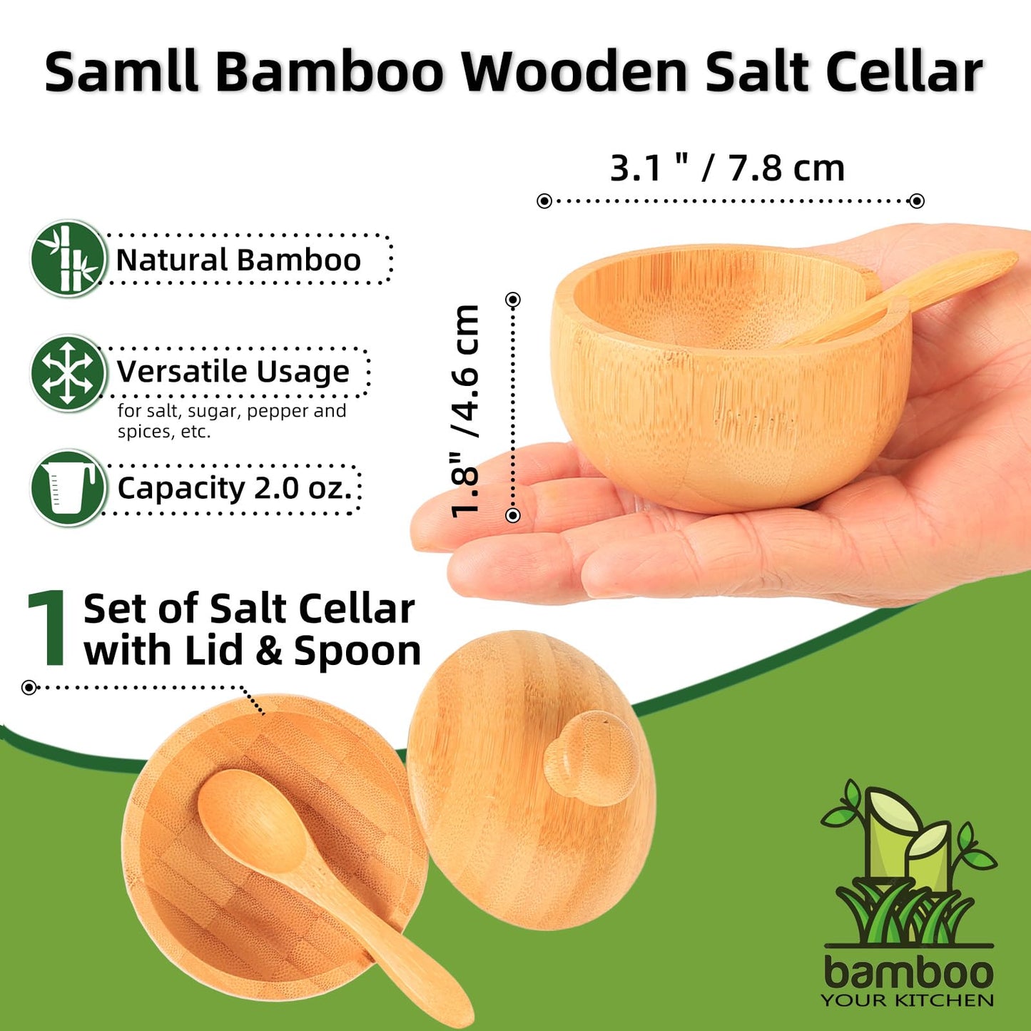 ZTHapwa Bamboo Salt Bowl with Lid and Spoon, Small Wooden Spice Cellar for Storing Salt/Pepper/Herbs, Mini Rustic Seasoning Container Holder for Kitchen Countertop, 1/4 Cup Capacity